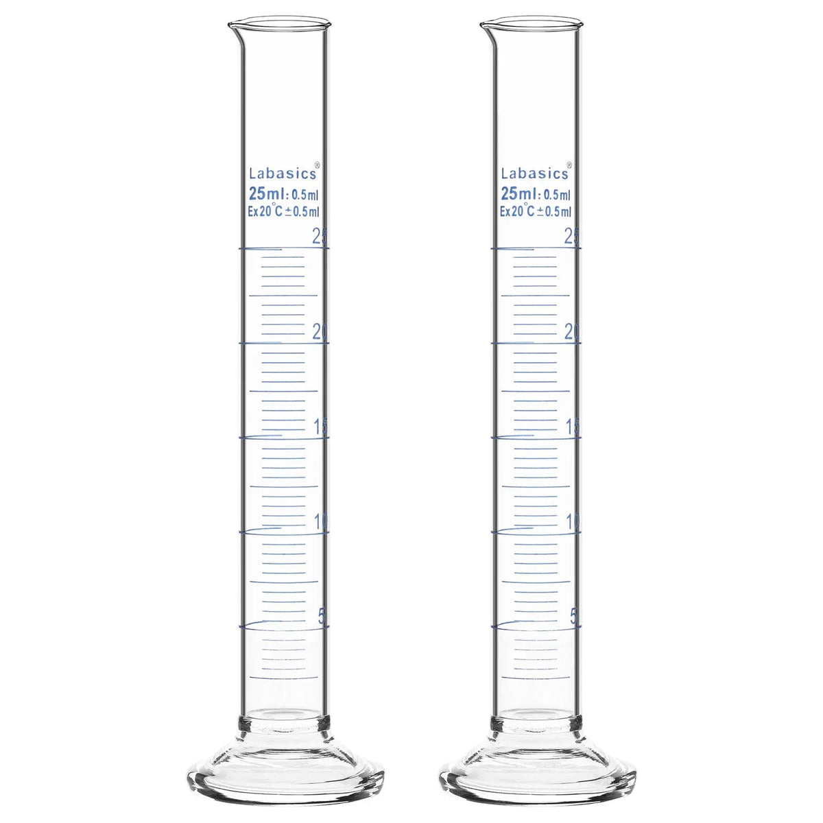 Measuring cylinder, 25 mL, borosilicate glass construction, accurate metric graduations, suitable for laboratory liquid handling; 2-pack