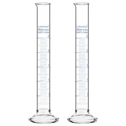 Measuring cylinder, 25 mL, borosilicate glass construction, accurate metric graduations, suitable for laboratory liquid handling; 2-pack