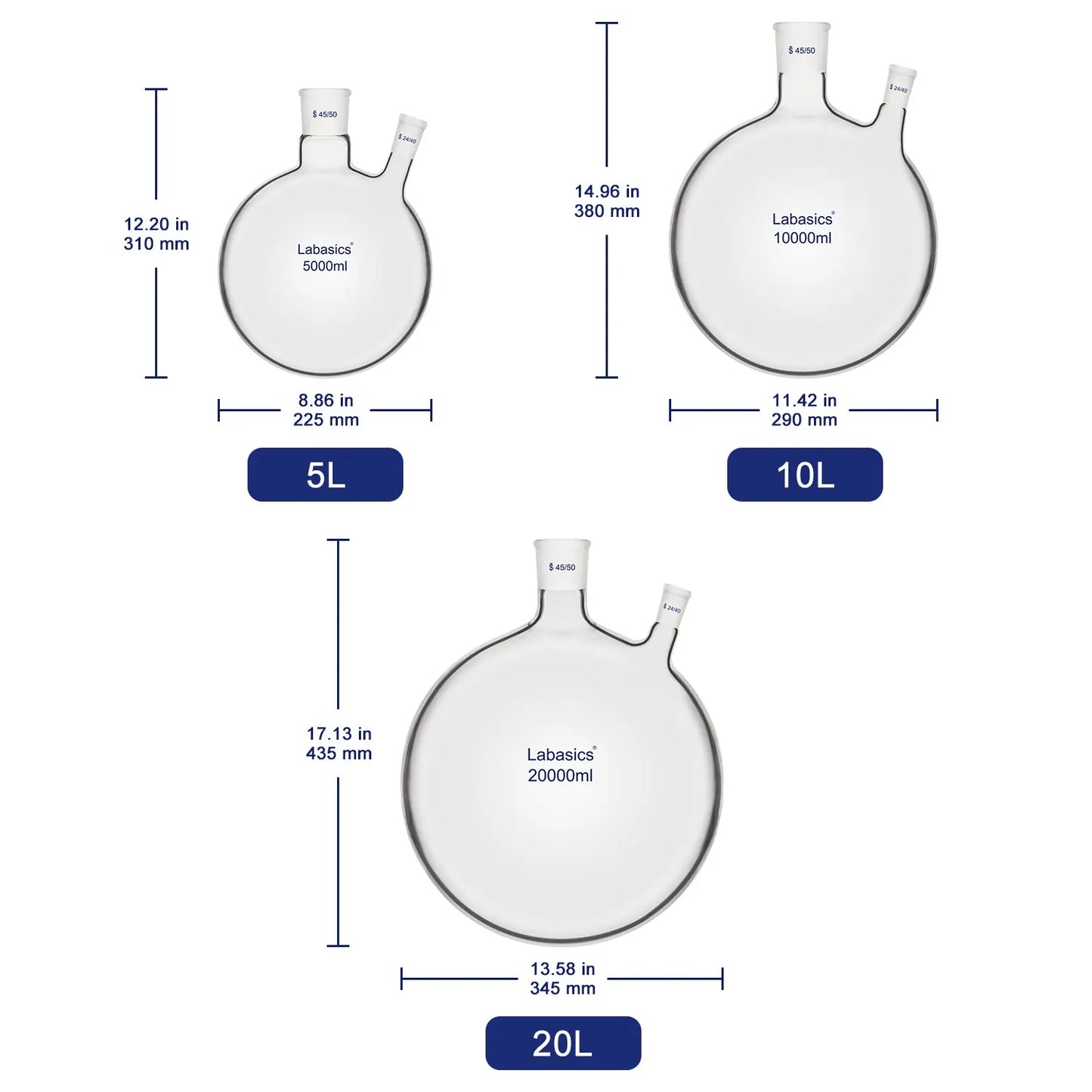 2 Neck Round Bottom Flask, 45/50 Center and 24/40 Side Joints, 5-20 L Labasics