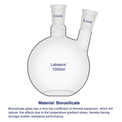 2 Neck Glass Flat Bottom Flask, 24/40 Standard Joint, 50-2000mL Labasics