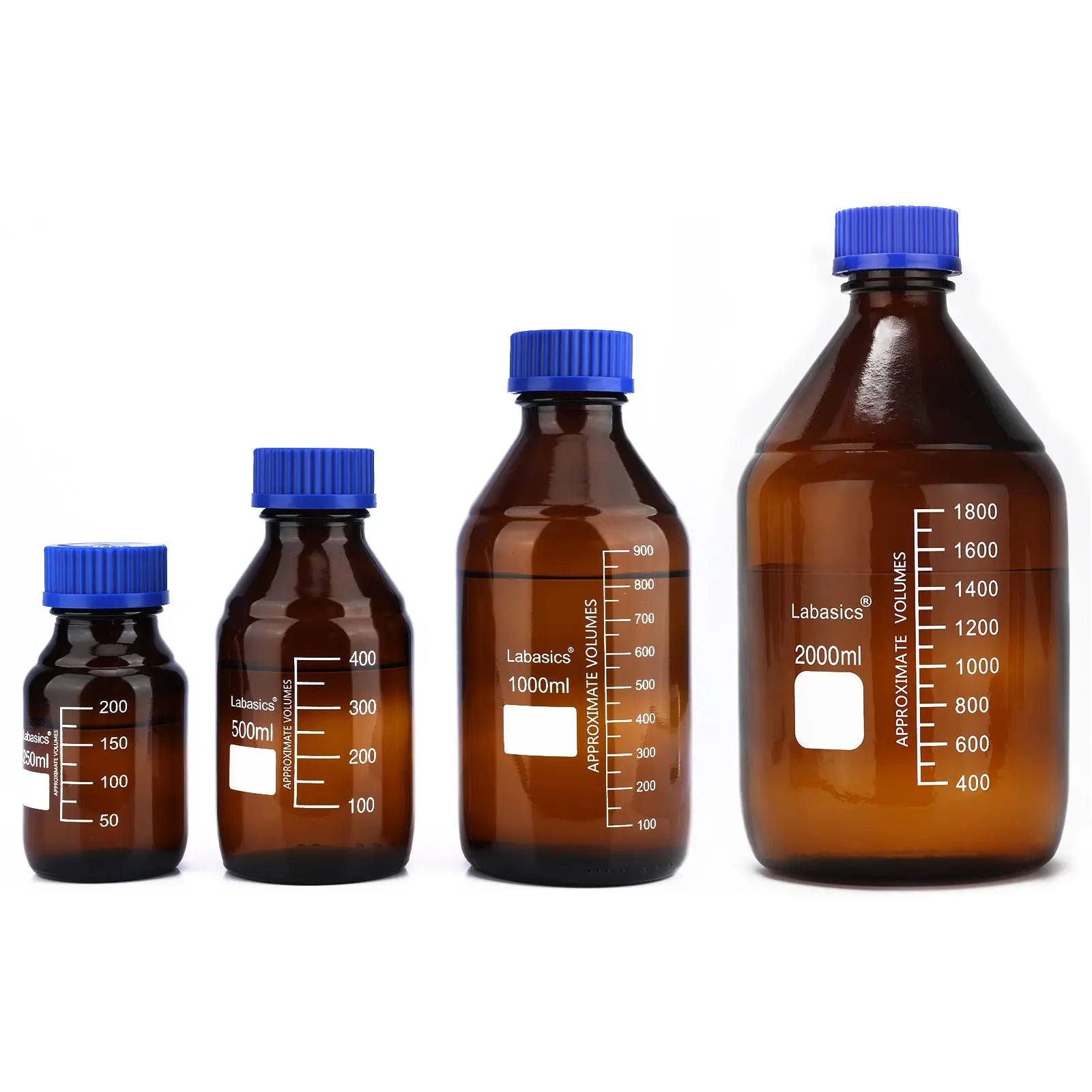 Amber Media Storage Bottles with GL45 Blue Screw Cap, Soda-Lime Glass, 250-2000 mL Labasics