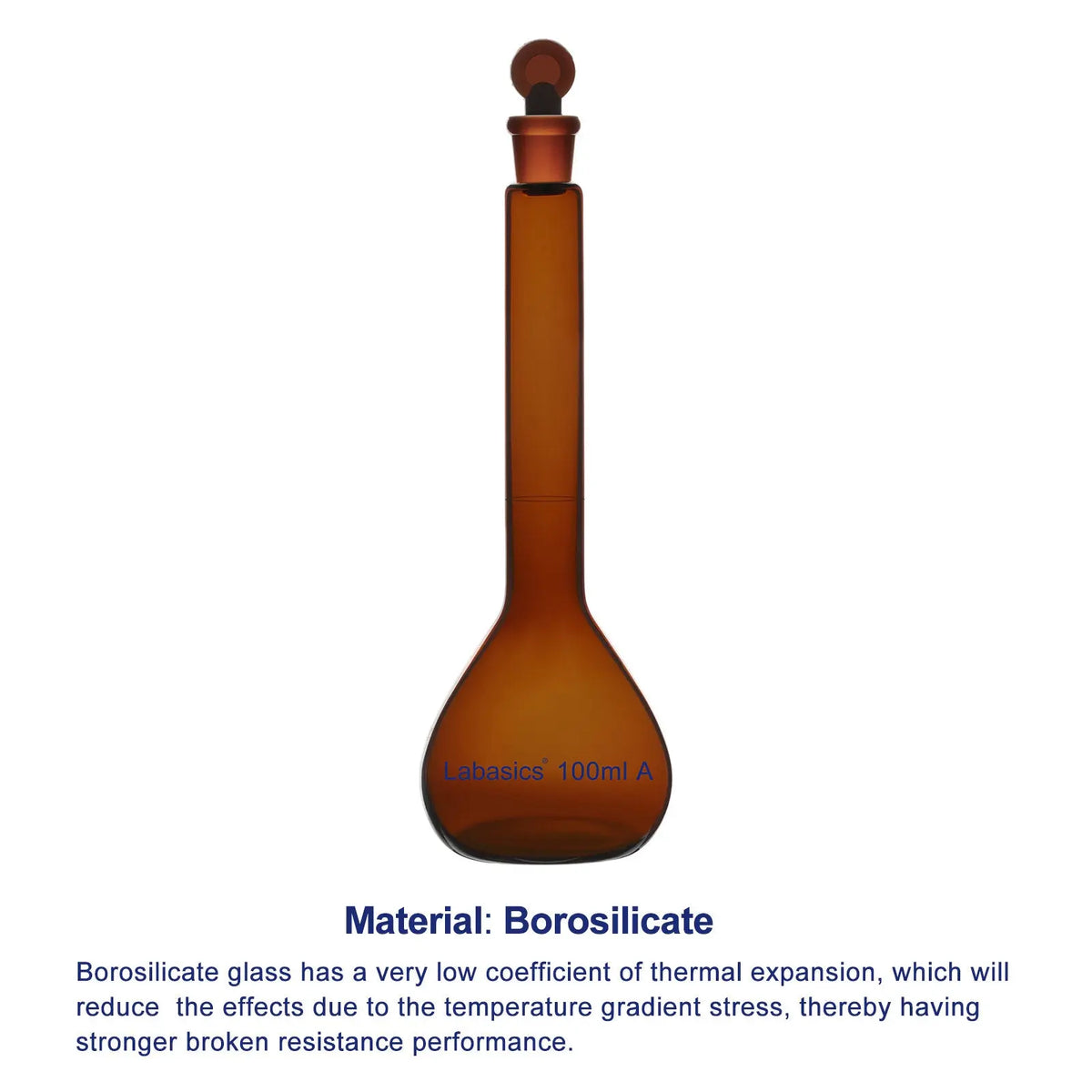 Brown tinted borosilicate glass material of amber volumetric flask, light-protective