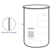 Clear volume graduations and spoutless rim of a graduated glass beaker