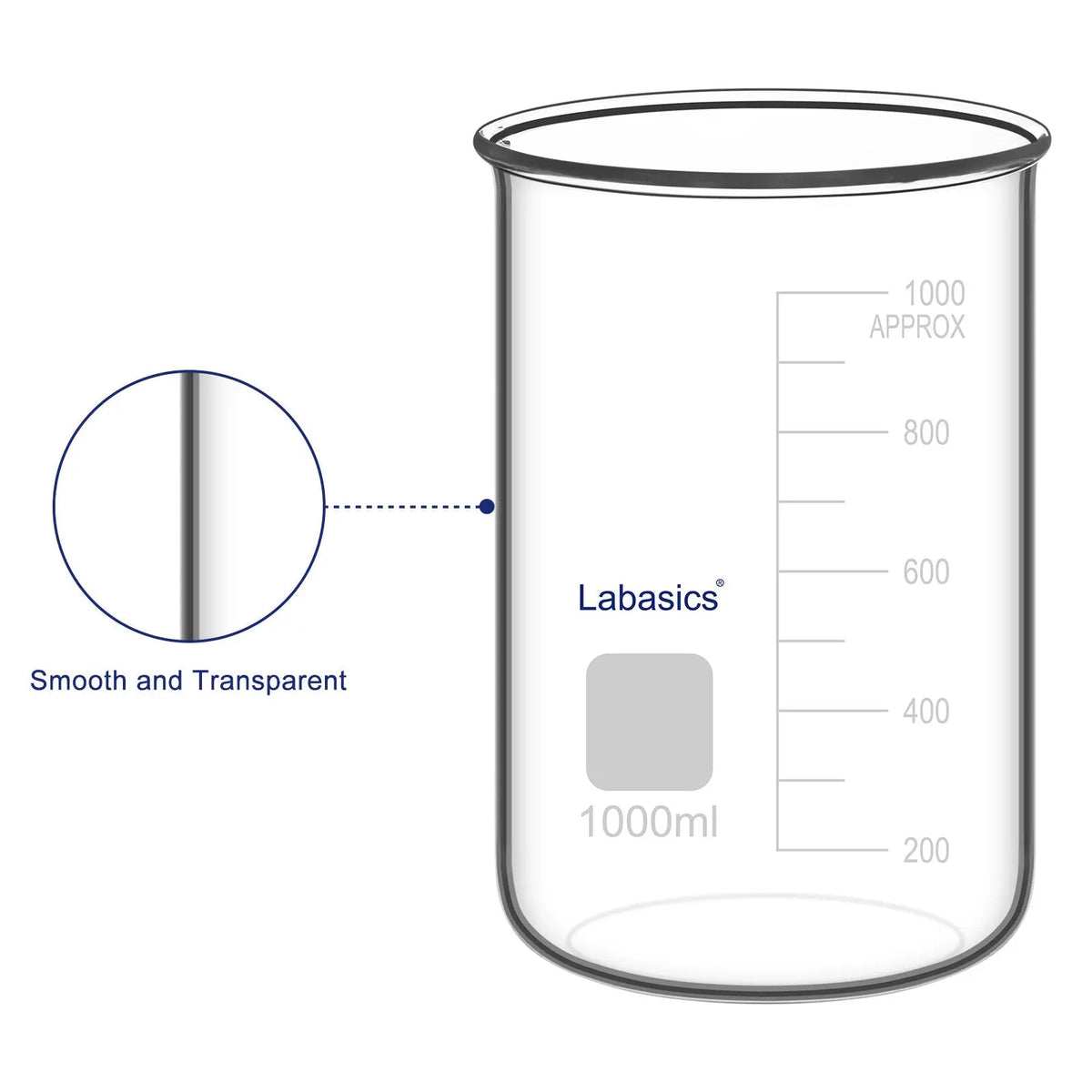 Clear volume graduations and spoutless rim of a graduated glass beaker