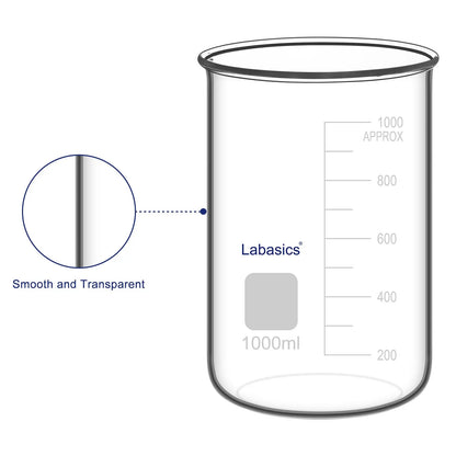 Clear volume graduations and spoutless rim of a graduated glass beaker