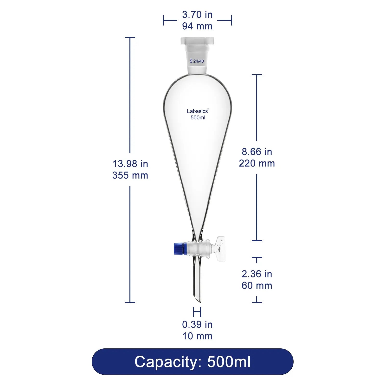 Conical Separatory Funnel with Glass Stopcock and 24/40 Plastic Joint Stopper, 60 – 1000 mL Labasics shop