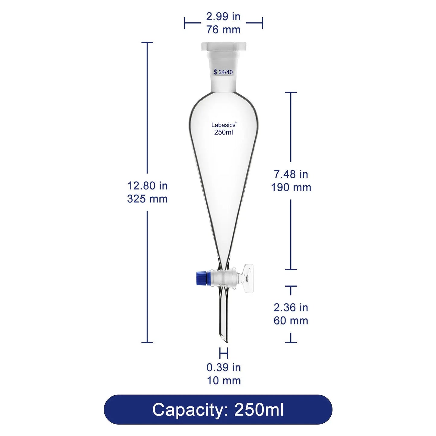 Conical Separatory Funnel with Glass Stopcock and 24/40 Plastic Joint Stopper, 60 – 1000 mL Labasics shop