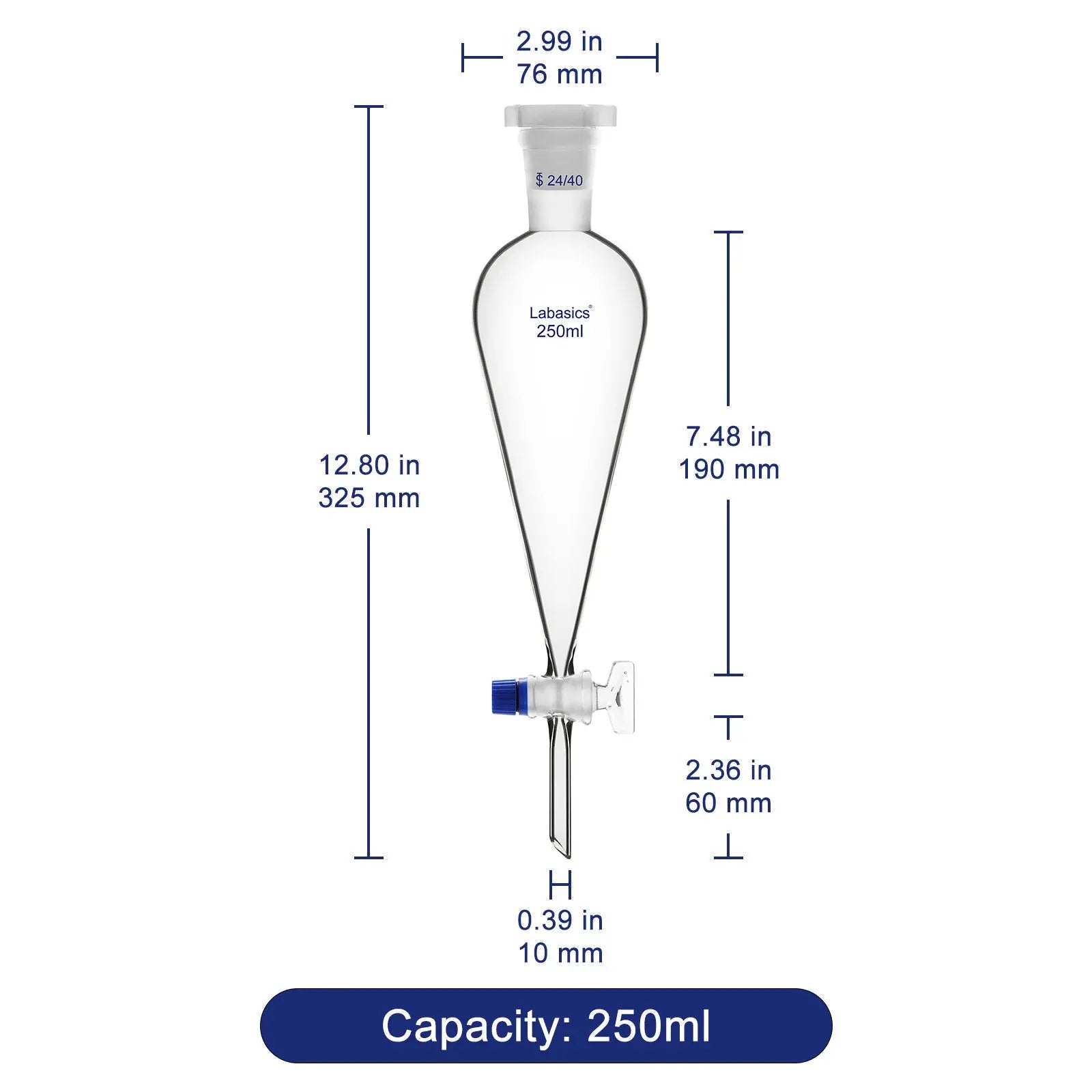 Conical Separatory Funnel with Glass Stopcock and 24/40 Plastic Joint Stopper, 60 – 1000 mL Labasics shop