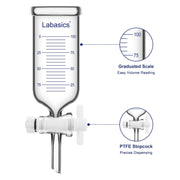 PTFE stopcock on a graduated dropping funnel for controlled liquid flow; Clear graduated scale on a dropping funnel for monitoring liquid volume