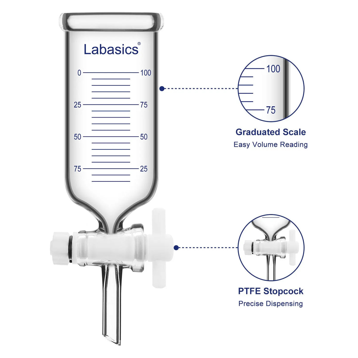 PTFE stopcock on a graduated dropping funnel for controlled liquid flow; Clear graduated scale on a dropping funnel for monitoring liquid volume