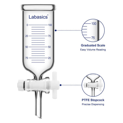 PTFE stopcock on a graduated dropping funnel for controlled liquid flow; Clear graduated scale on a dropping funnel for monitoring liquid volume