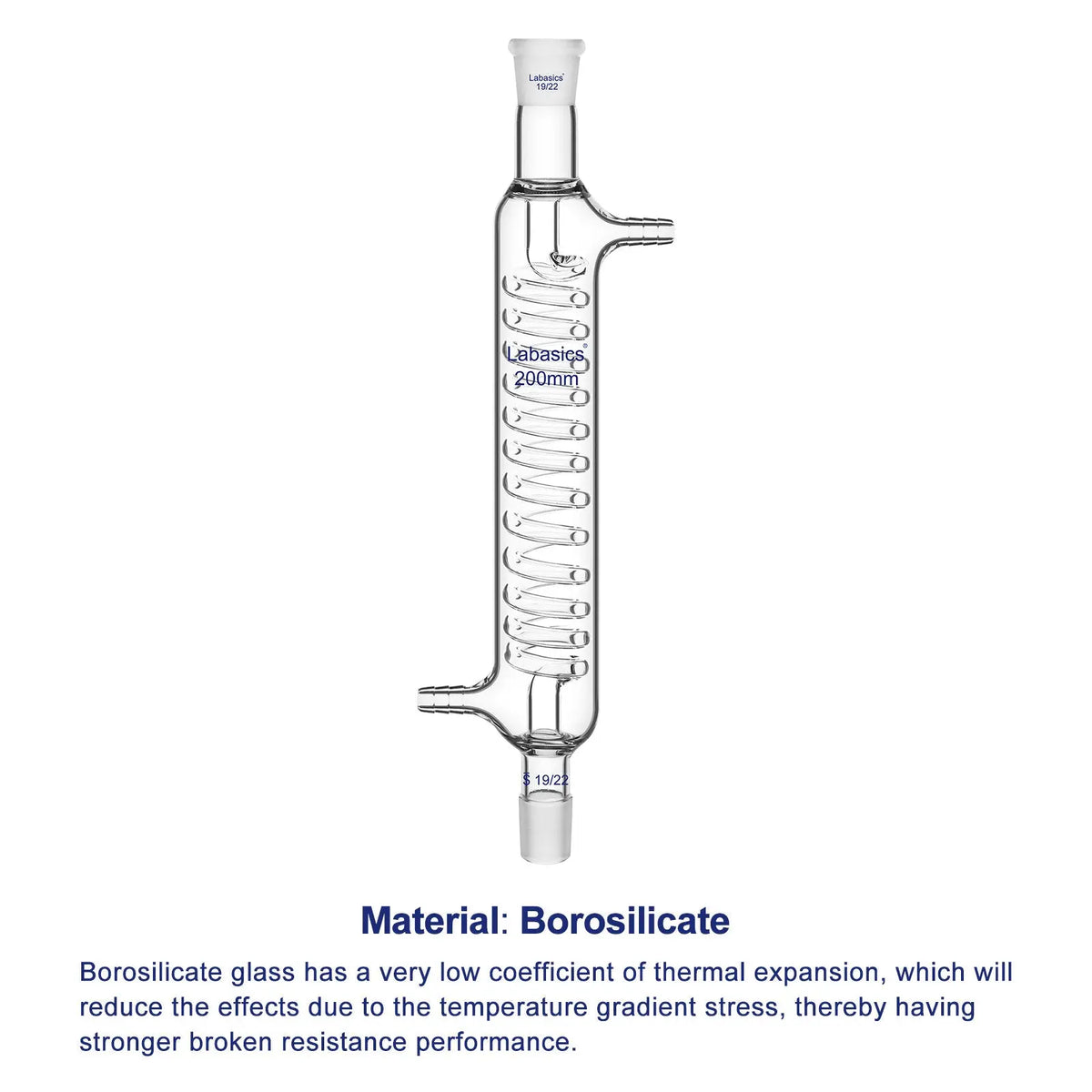 Borosilicate glass Graham condenser with a maximum withstand temperature of 200°C