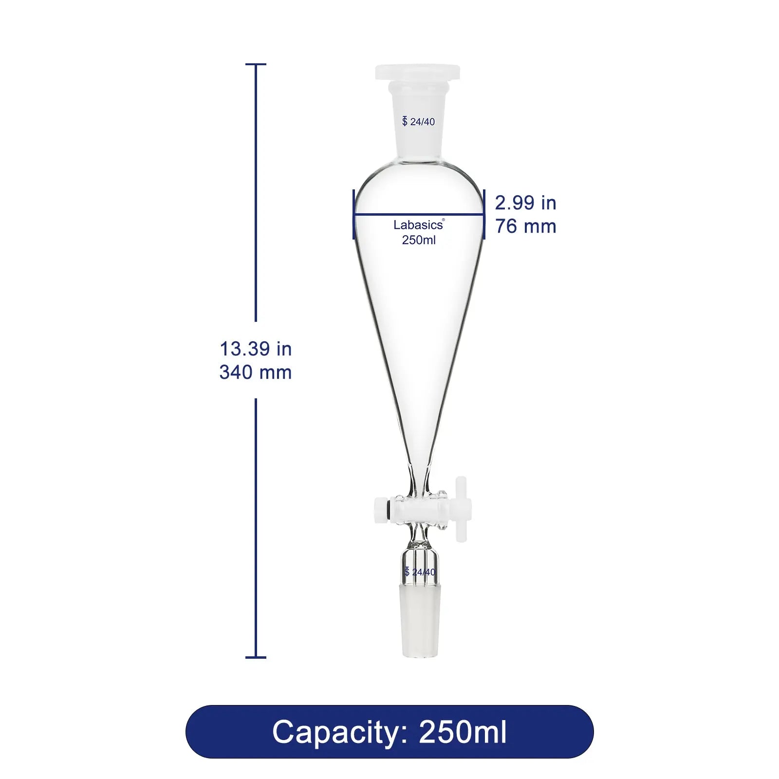 Conical Separatory Funnel, Two 24/40 Joints, 60-250ml Labasics shop