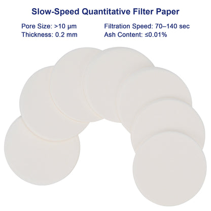 Quantitative Filter Paper, Slow Filtration Speed, 100 Pack, 70-90 mm Diameter