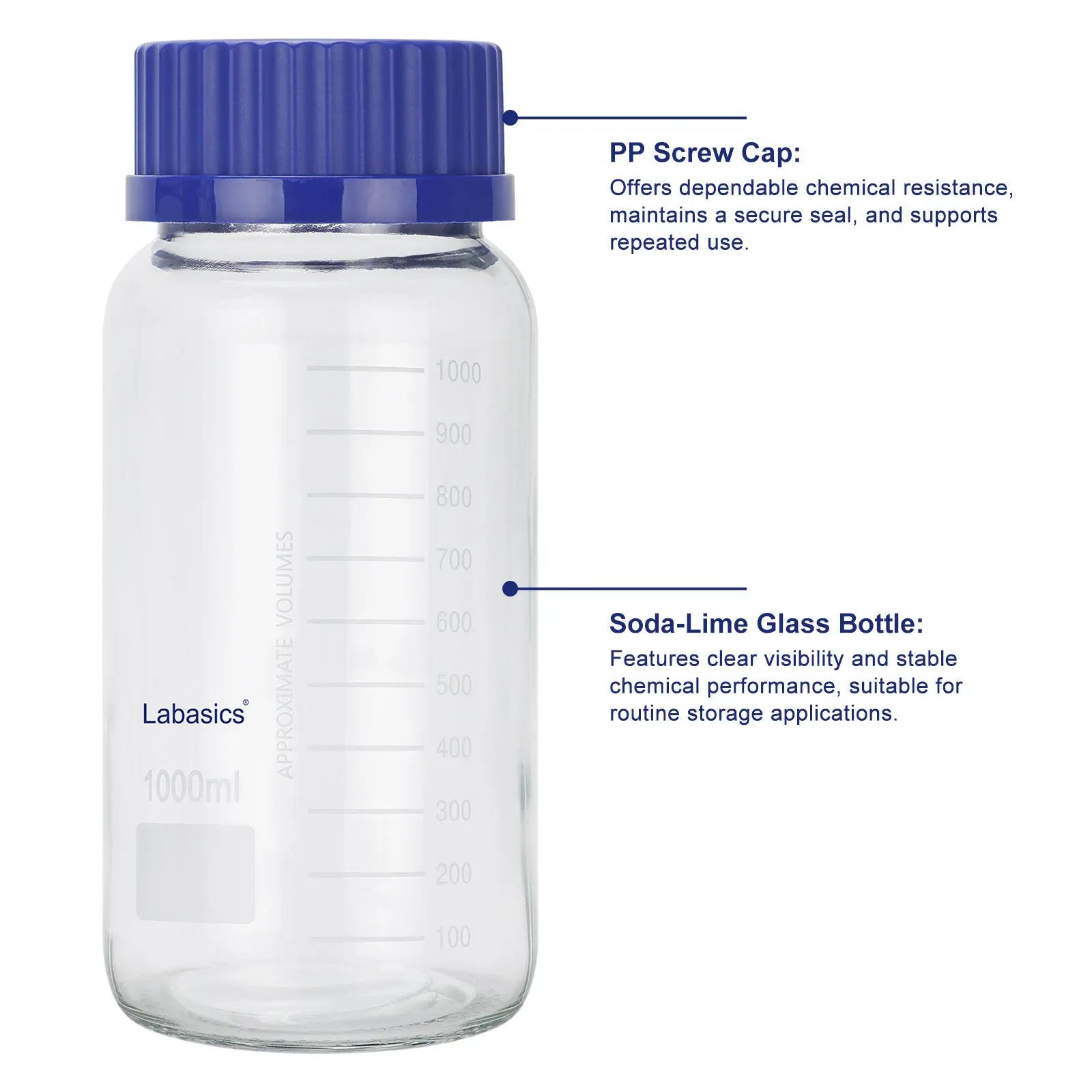 Transparent Media Storage Bottles with GL80 Blue Screw Cap, Soda-Lime Glass, 250-1000 mL Labasics