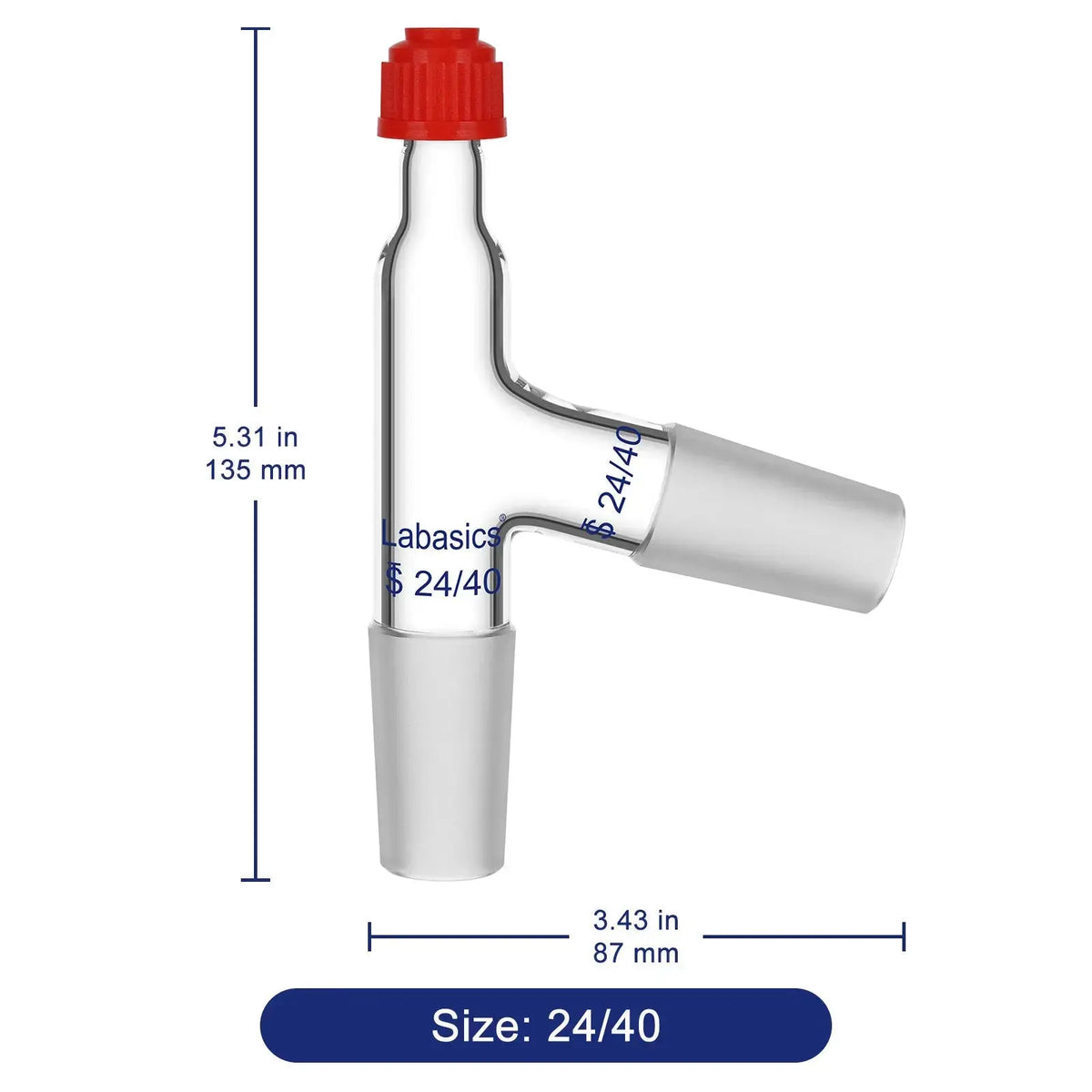3-way distilling thermometer adapter with labeled 24/40 joint dimensions