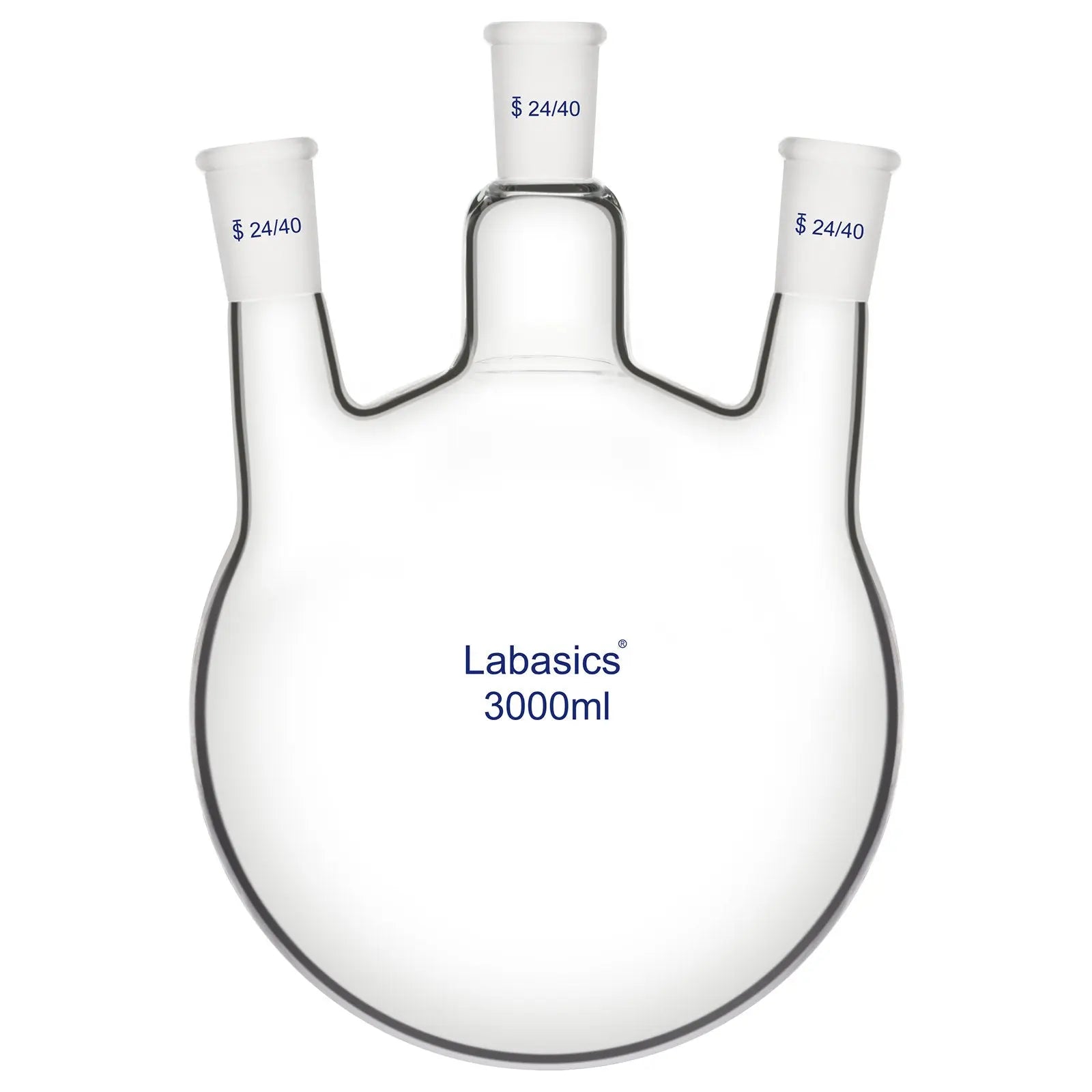 3 neck round bottom flask, 3000 mL (3 L), 24/40 joints, borosilicate glass, large capacity for advanced laboratory reactions