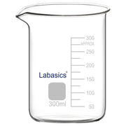 A 300 mL borosilicate glass beaker with a pouring spout and graduated scale, designed for medium-volume laboratory applications including mixing, heating, and chemical preparation.