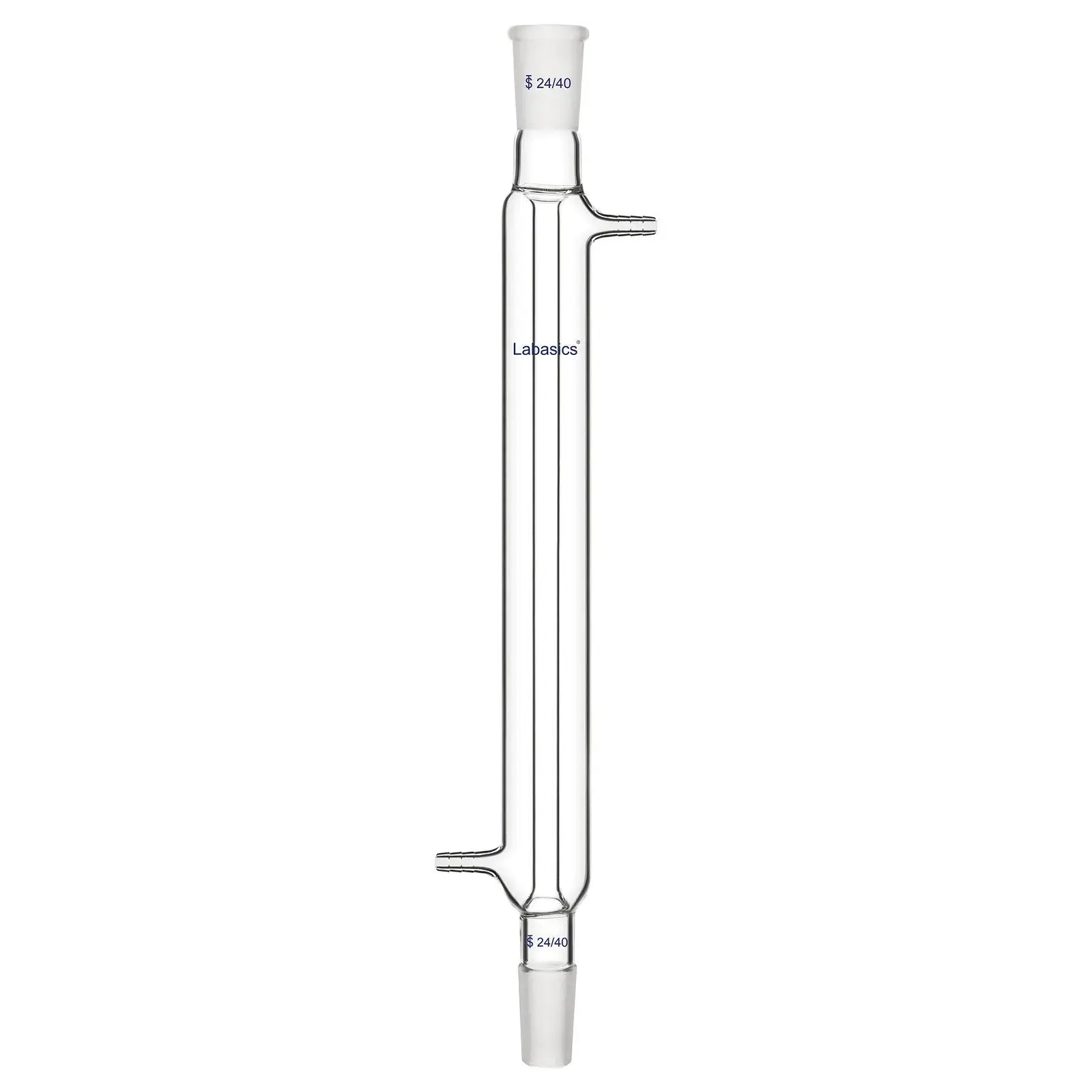 Glass Liebig condenser, 300 mm jacket length, borosilicate construction, 24/40 joint, used for vapor condensation in lab distillation