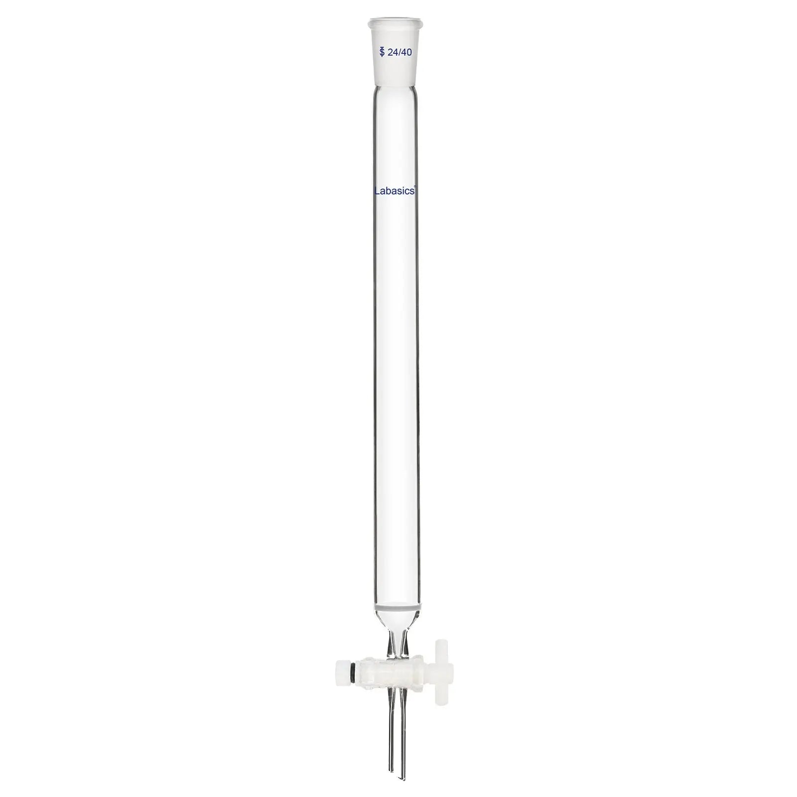 Glass chromatography column, 30 mm inner diameter, thick-walled borosilicate glass, sintered disc, PTFE stopcock, 24/40 taper joint, max 250°C, reusable