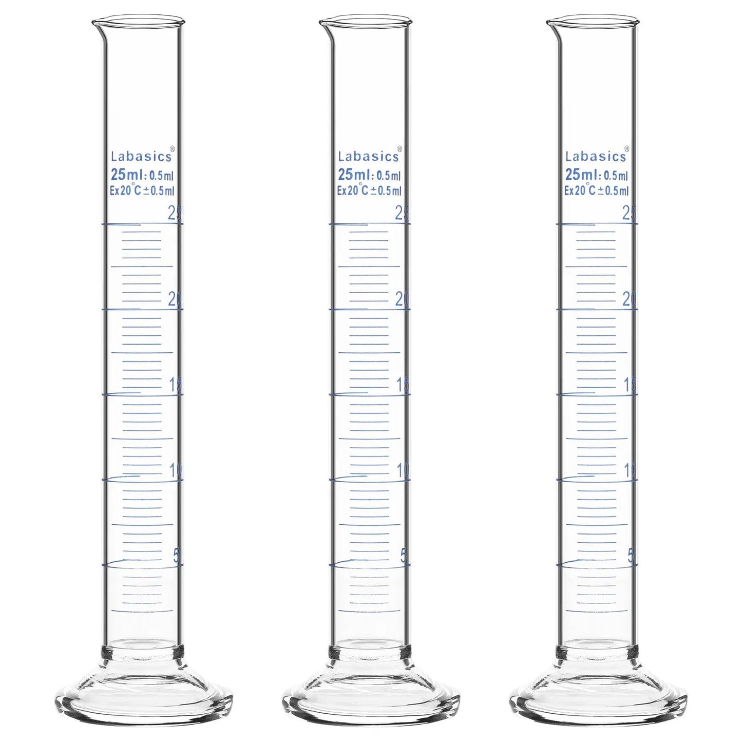 Measuring cylinder, 25 mL, borosilicate glass construction, accurate metric graduations, suitable for laboratory liquid handling; 3-pack