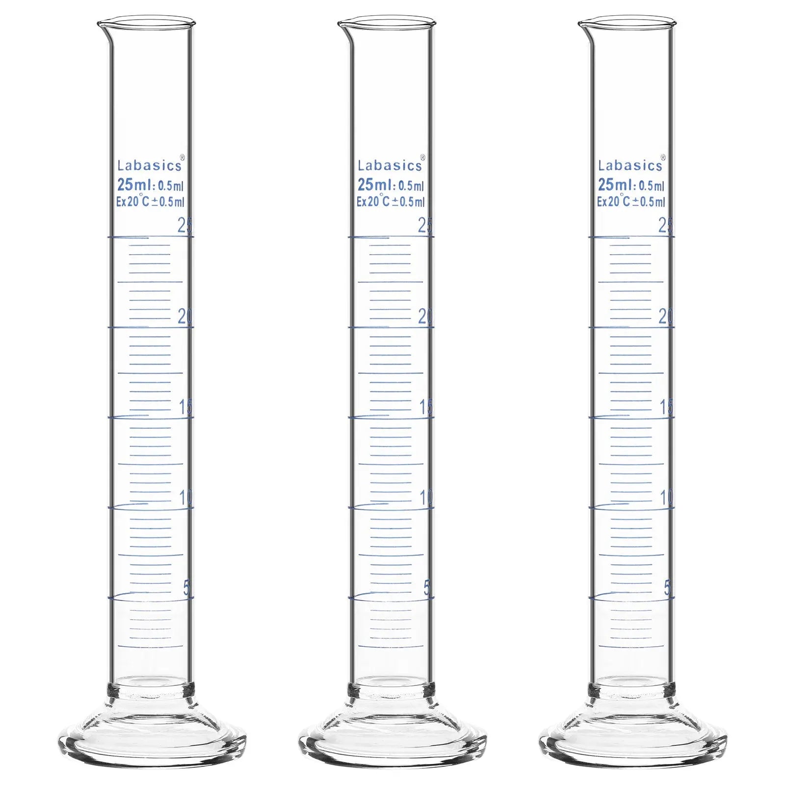 Measuring cylinder, 25 mL, borosilicate glass construction, accurate metric graduations, suitable for laboratory liquid handling; 3-pack