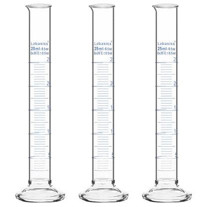 Measuring cylinder, 25 mL, borosilicate glass construction, accurate metric graduations, suitable for laboratory liquid handling; 3-pack