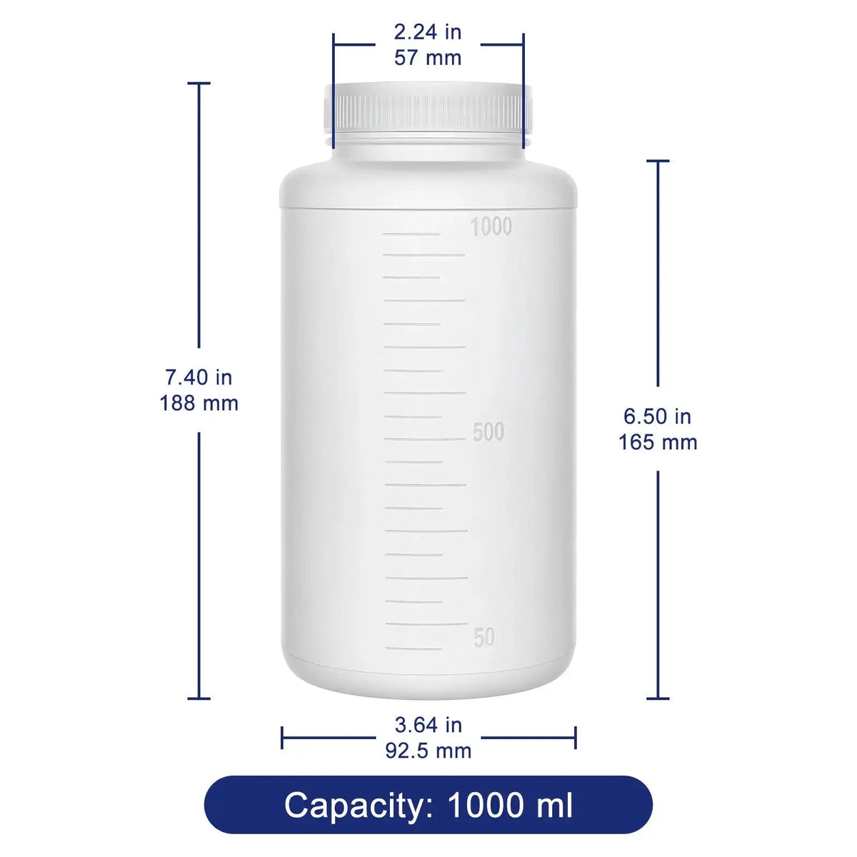 1000 mL HDPE wide mouth reagent bottle with labeled dimensions