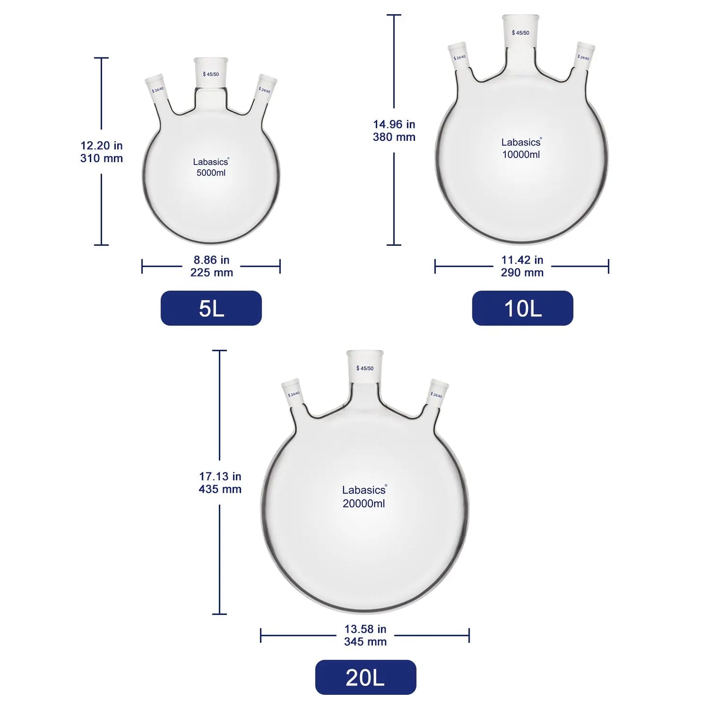 Three neck round bottom boiling flasks available in 5000 ml, 10000 ml, and 20000 ml capacities.