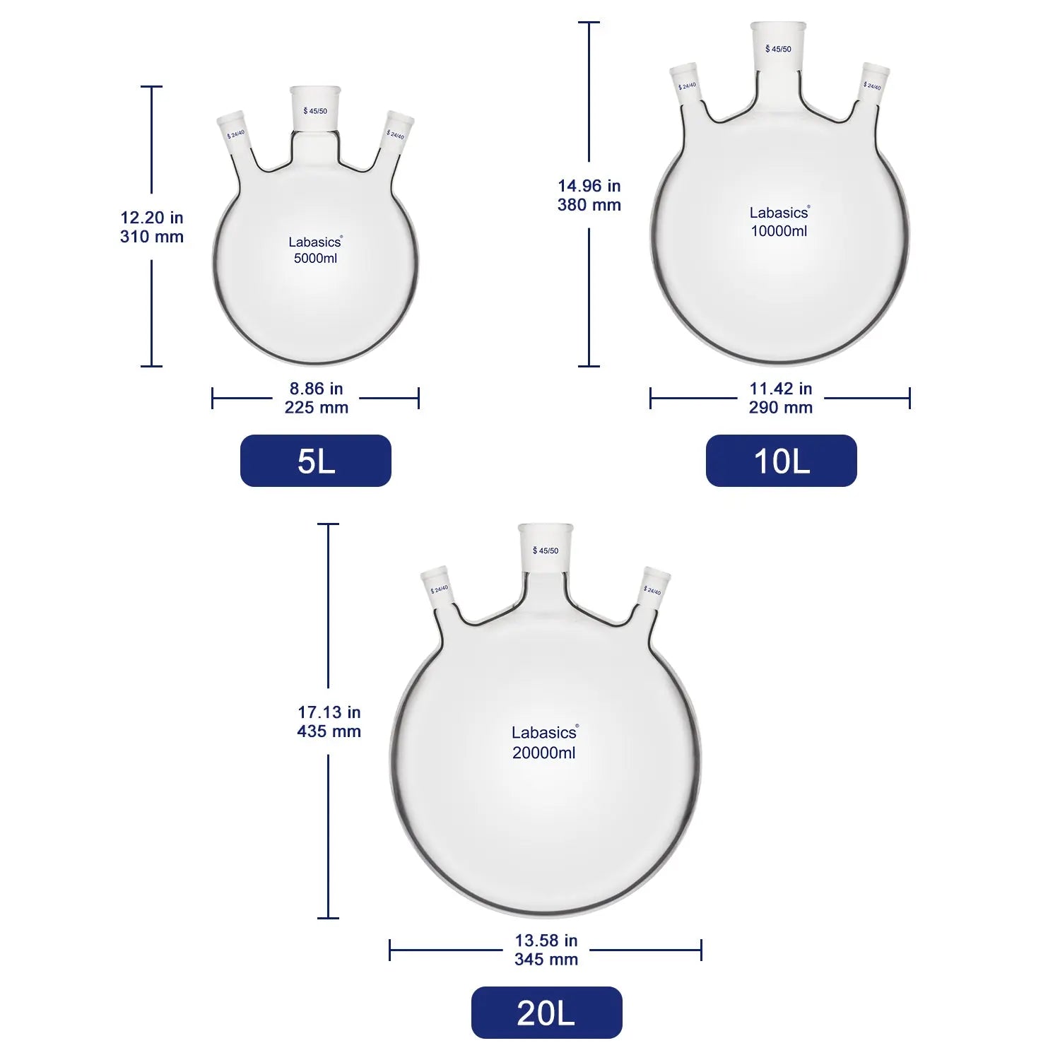 Three neck round bottom boiling flasks available in 5000 ml, 10000 ml, and 20000 ml capacities.