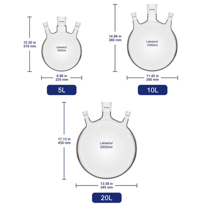 Three neck round bottom boiling flasks available in 5000 ml, 10000 ml, and 20000 ml capacities.