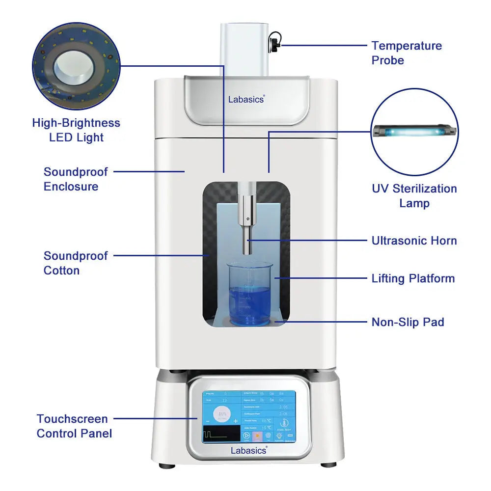 Intelligent Ultrasonic Homogenizer, 6.5-1800W Power, 0.1-1500 ml Capacity, 7″ Touchscreen Labasics