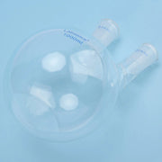 Flat bottom detail of 2 neck borosilicate glass flask, stable base design