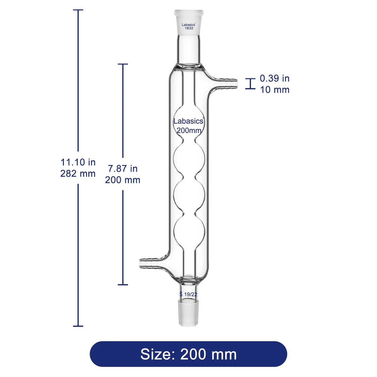 Glass Allihn condenser with labeled 200 mm jacket length and 19/22 joints