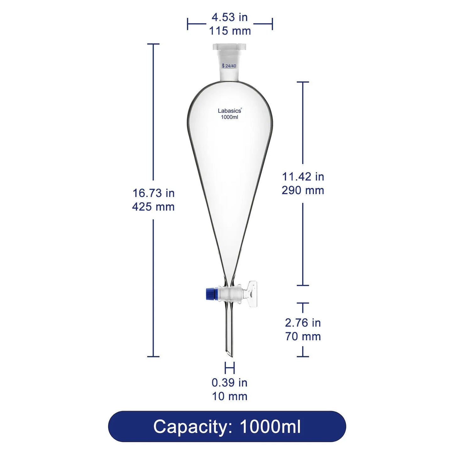 Conical Separatory Funnel with Glass Stopcock and 24/40 Plastic Joint Stopper, 60 – 1000 mL Labasics shop