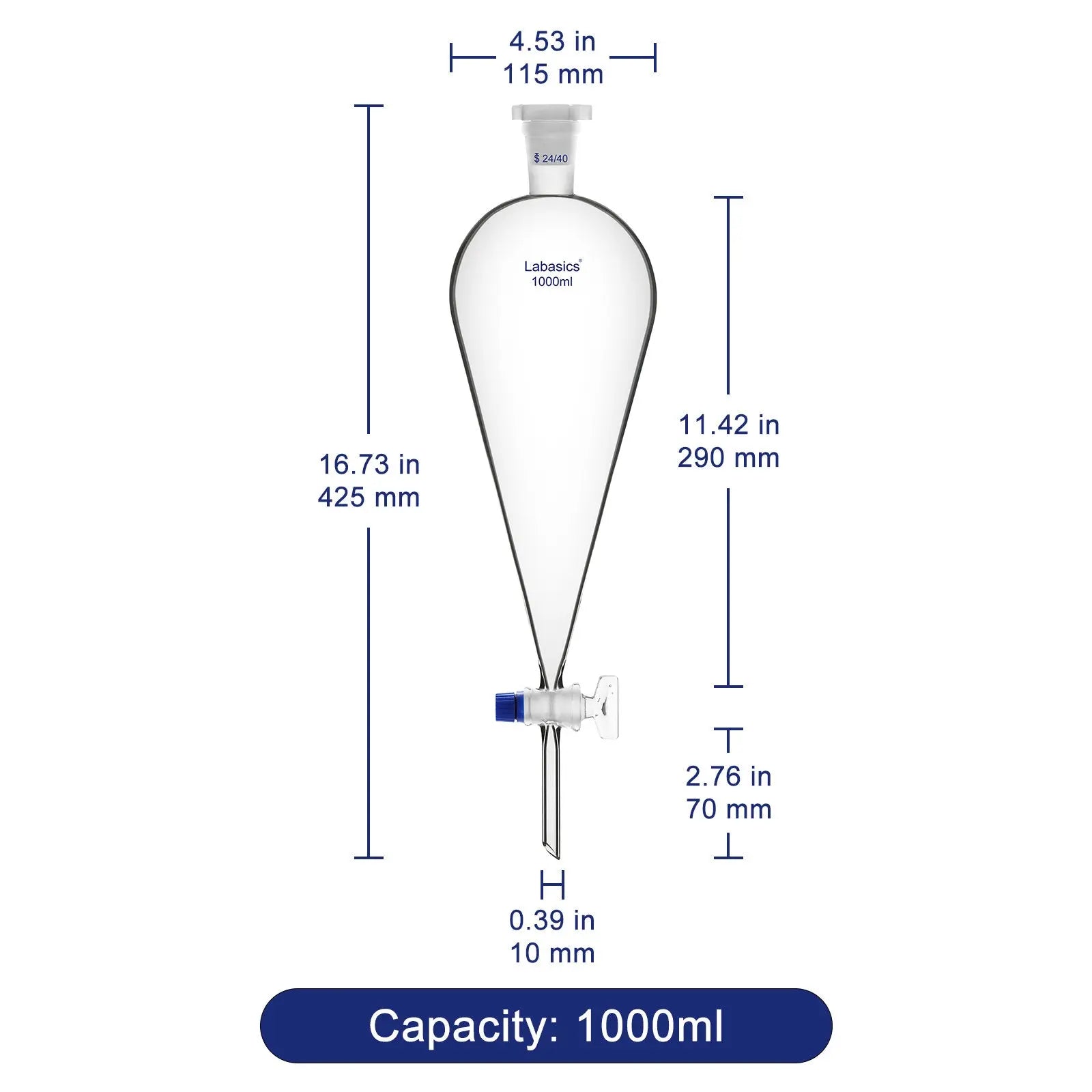 Conical Separatory Funnel with Glass Stopcock and 24/40 Plastic Joint Stopper, 60 – 1000 mL Labasics shop