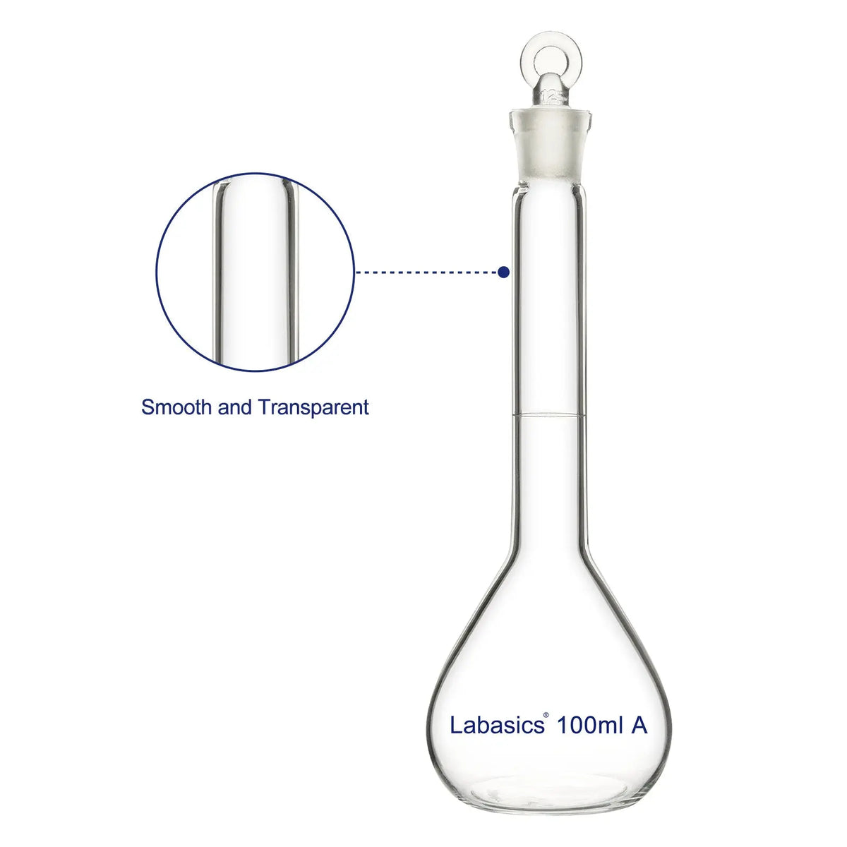 Smooth and transparent borosilicate glass surface of 100 ml volumetric flask