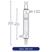 Glass Graham condenser with labeled 200 mm jacket length and 19/22 joints
