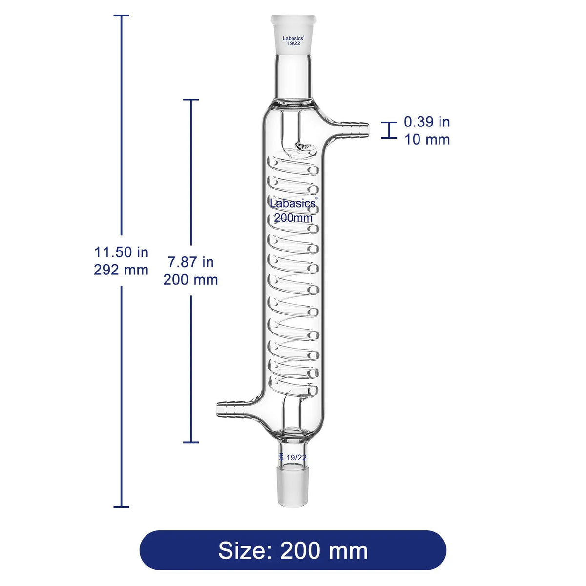 Glass Graham condenser with labeled 200 mm jacket length and 19/22 joints