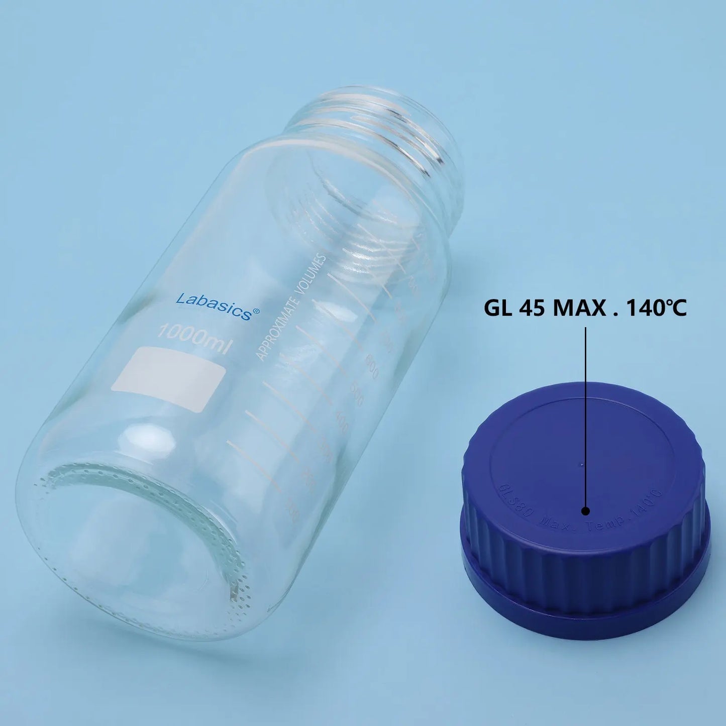Transparent Media Storage Bottles with GL80 Blue Screw Cap, Soda-Lime Glass, 250-1000 mL Labasics