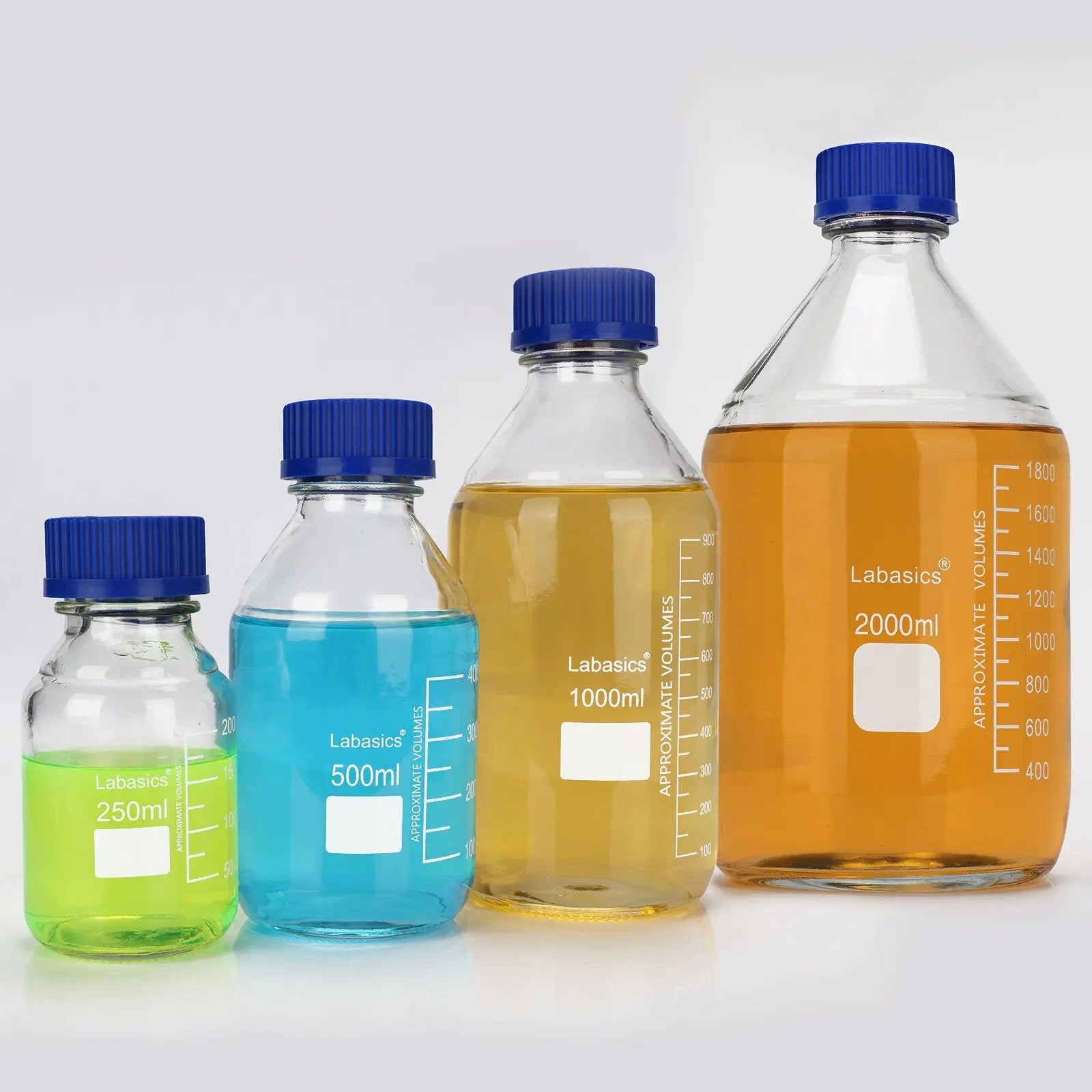 Transparent Media Storage Bottles with GL45 Blue Screw Cap, Soda-Lime Glass, 250-2000 ml Labasics