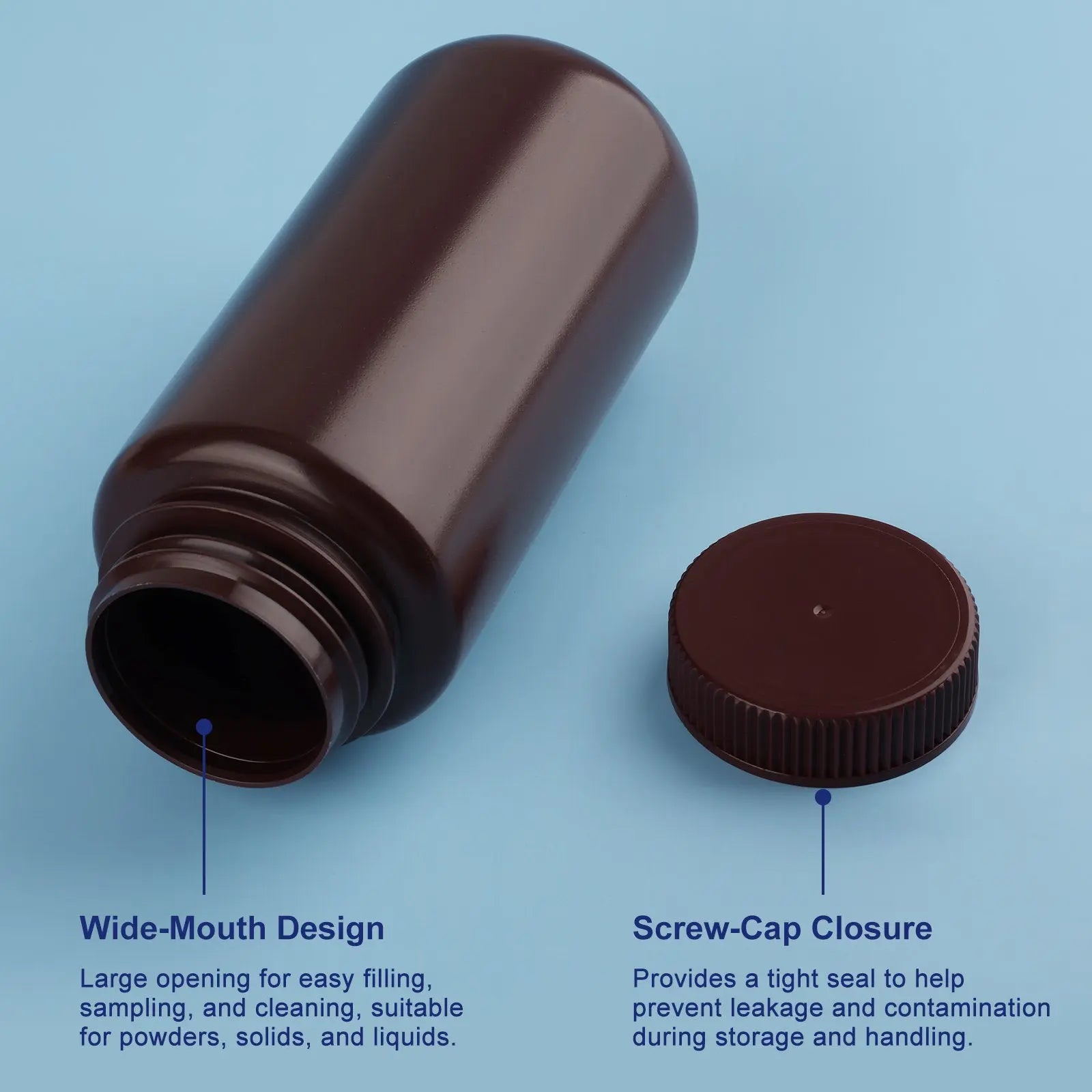 Wide mouth and screw cap of an amber HDPE reagent bottle for easy filling and sealed storage