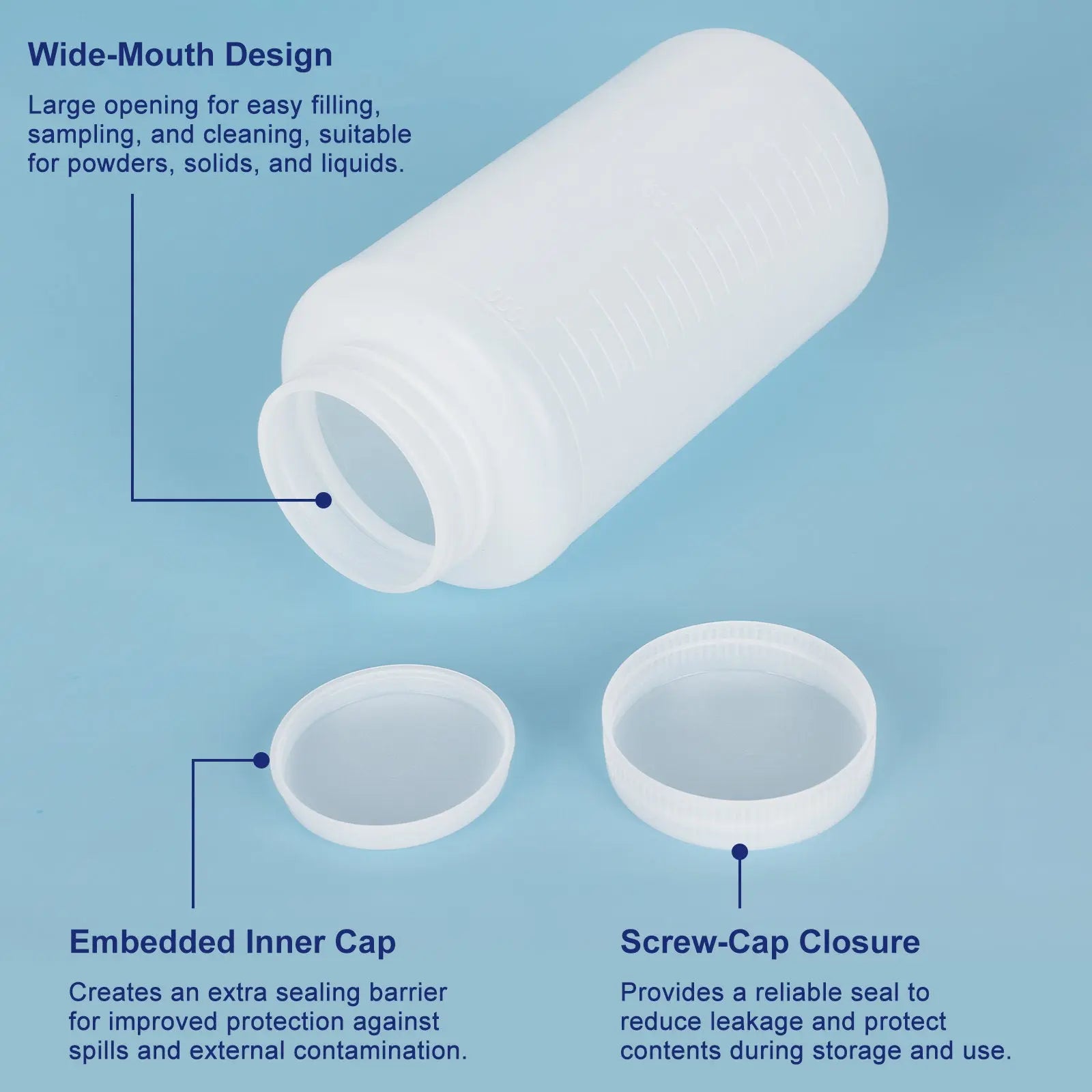 Wide mouth and screw cap of HDPE reagent bottle for easy access and sealed storage