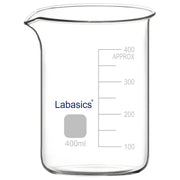 A 400 mL borosilicate glass beaker with a reinforced rim and pouring spout, featuring printed graduations for accurate measurement in routine laboratory experiments.