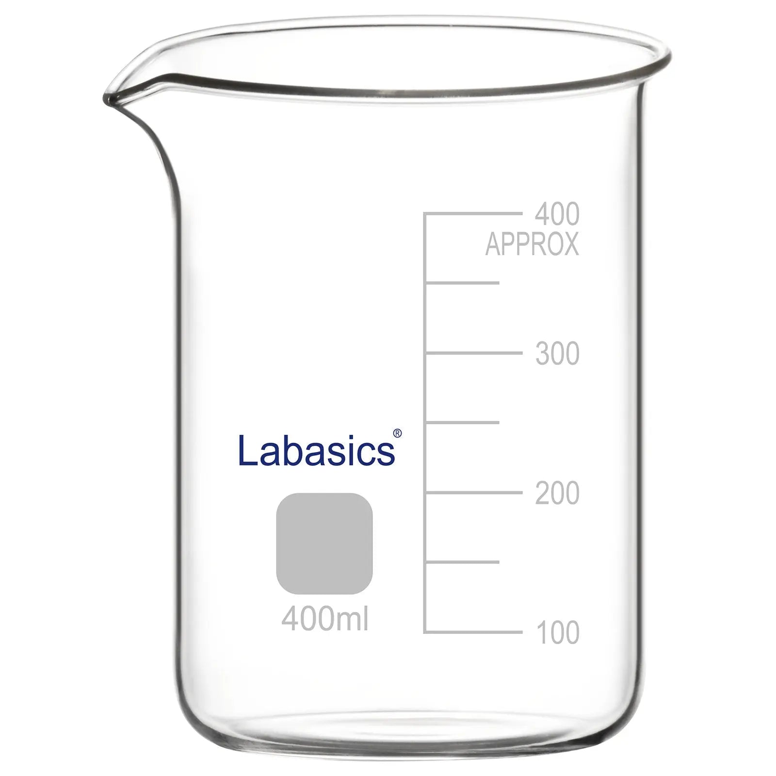 A 400 mL borosilicate glass beaker with a reinforced rim and pouring spout, featuring printed graduations for accurate measurement in routine laboratory experiments.