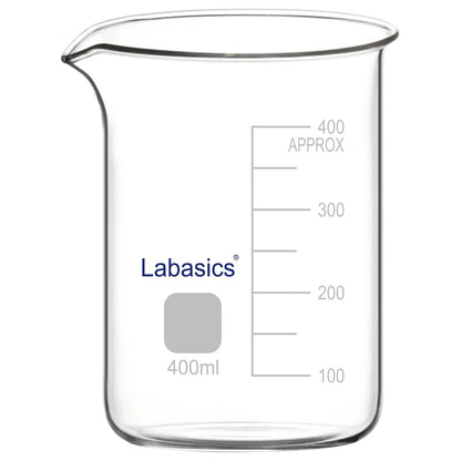 A 400 mL borosilicate glass beaker with a reinforced rim and pouring spout, featuring printed graduations for accurate measurement in routine laboratory experiments.