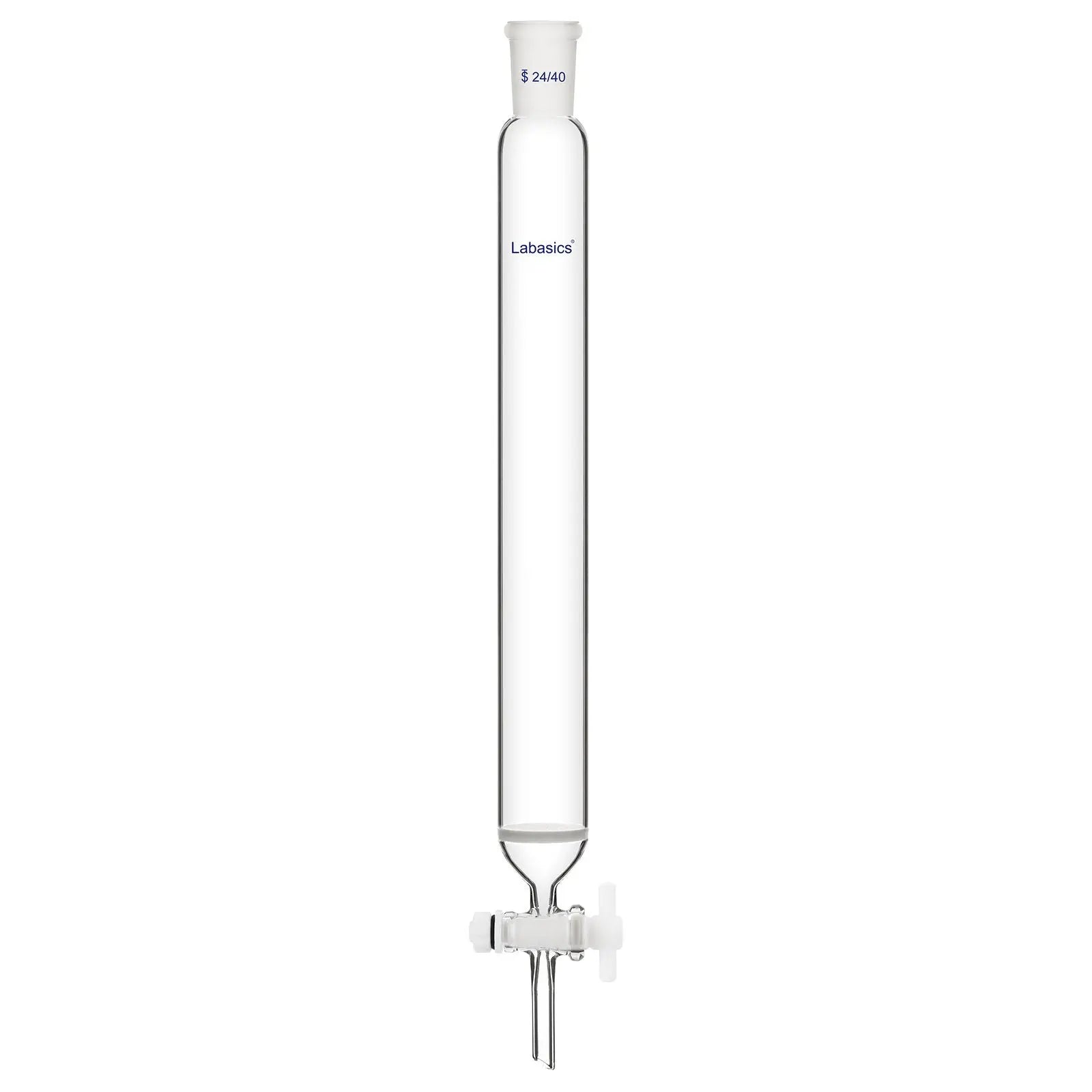Glass chromatography column, 40 mm inner diameter, high-borosilicate thick glass, sintered disc, PTFE stopcock, 24/40 joint, heat-resistant up to 250°C