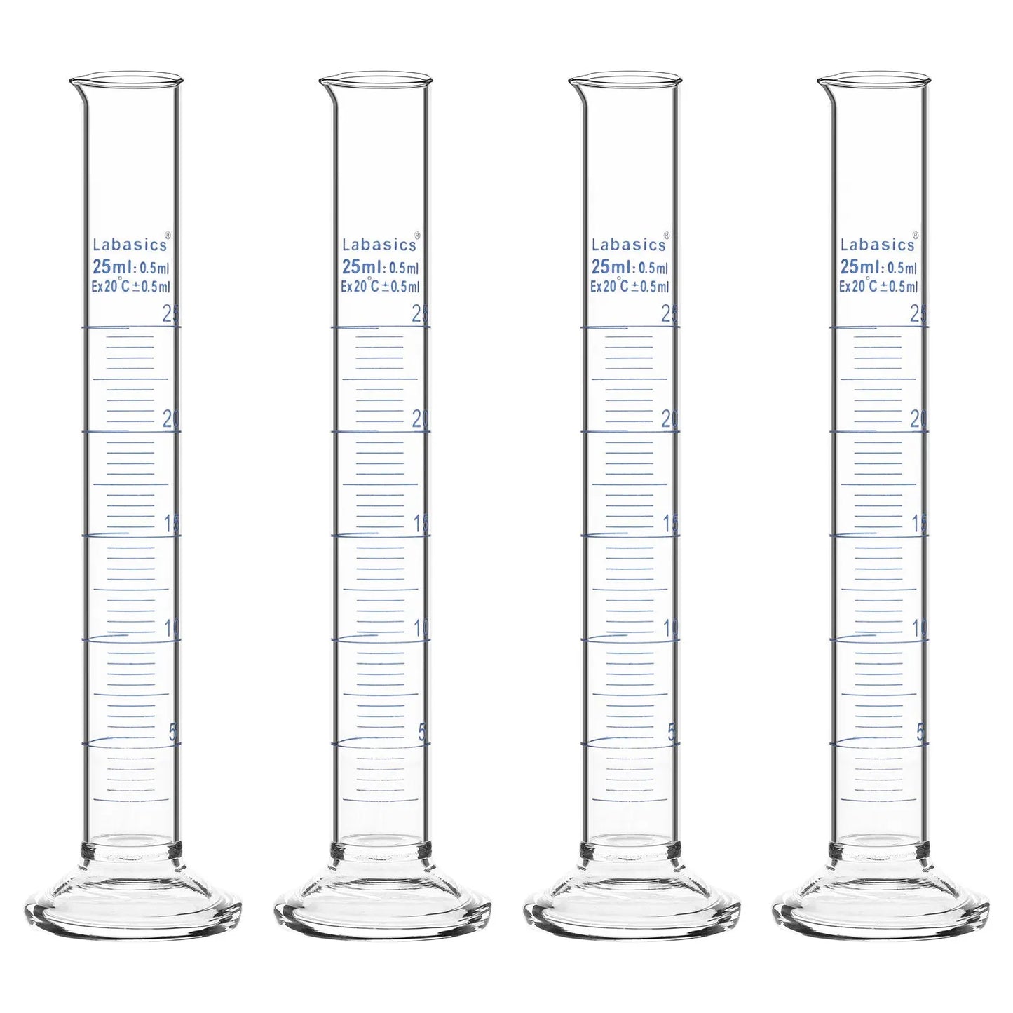 Measuring cylinder, 25 mL, borosilicate glass construction, accurate metric graduations, suitable for laboratory liquid handling; 4-pack