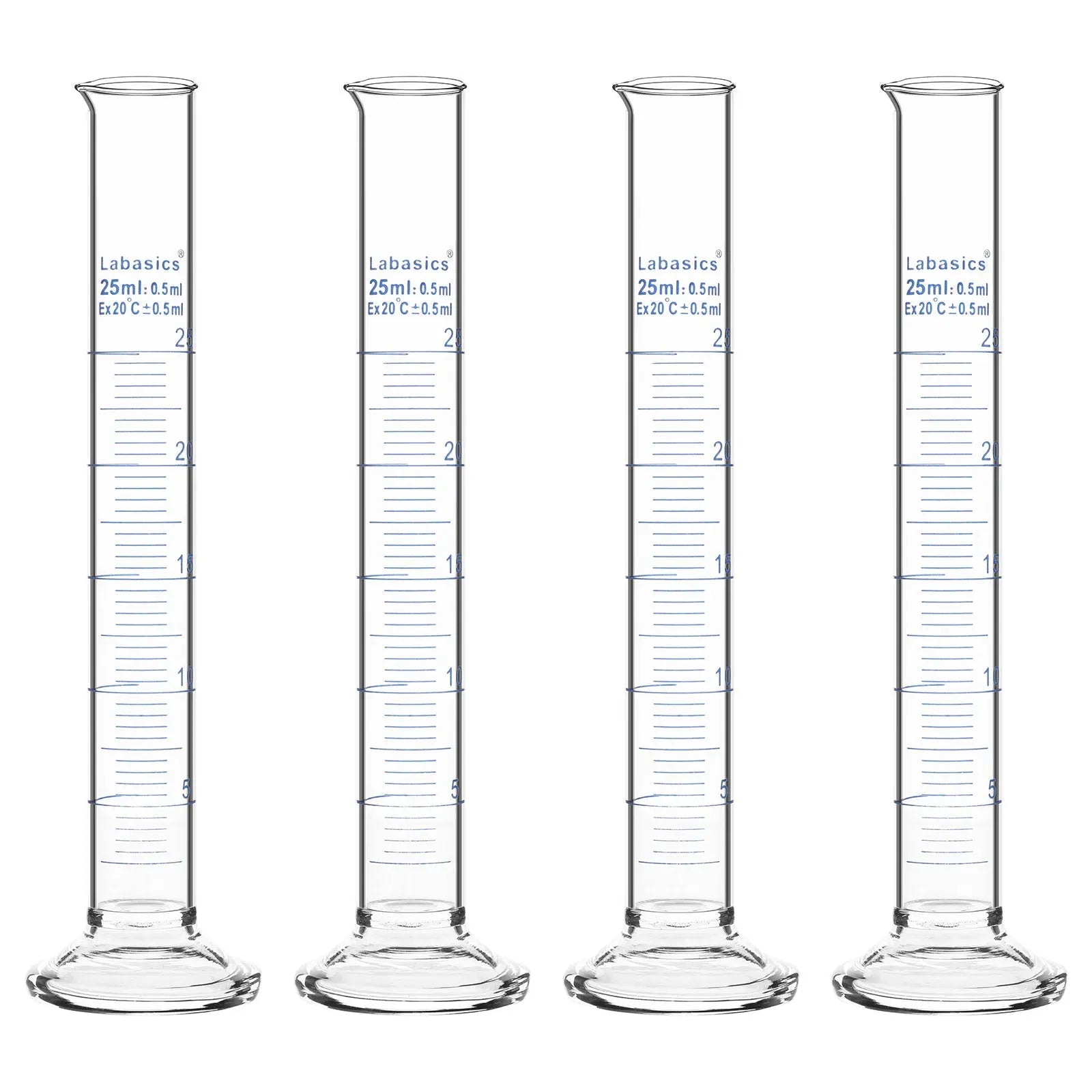 Measuring cylinder, 25 mL, borosilicate glass construction, accurate metric graduations, suitable for laboratory liquid handling; 4-pack