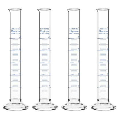 Measuring cylinder, 25 mL, borosilicate glass construction, accurate metric graduations, suitable for laboratory liquid handling; 4-pack